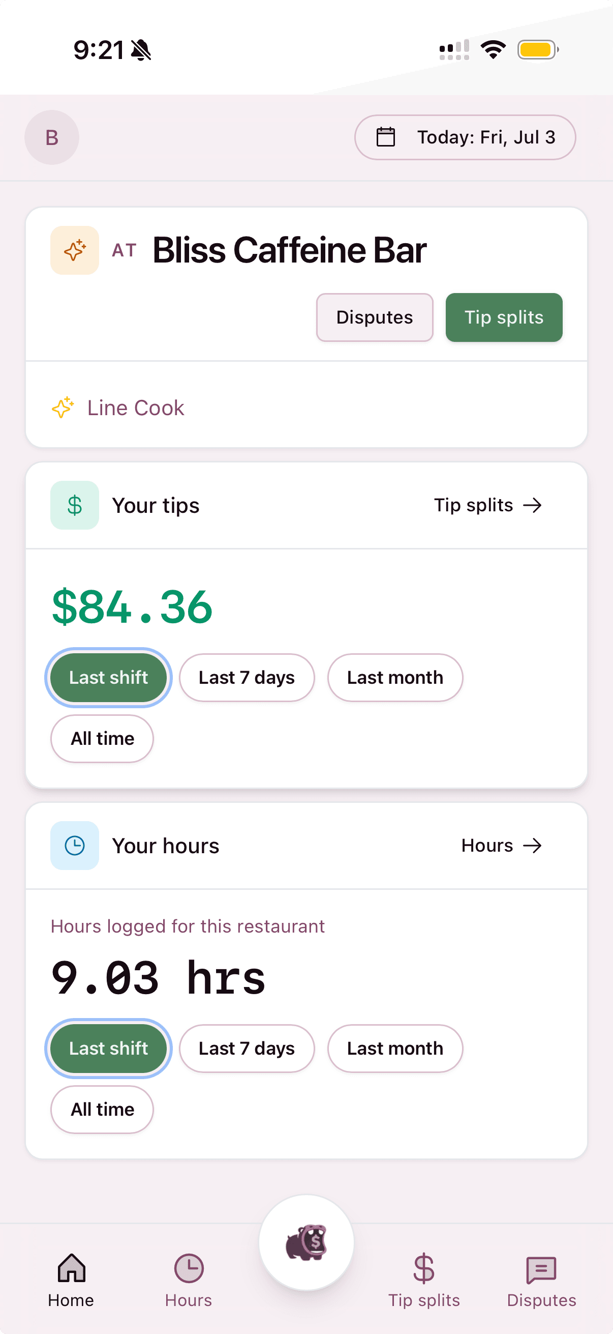 Staff home screen showing tips and hours at a glance